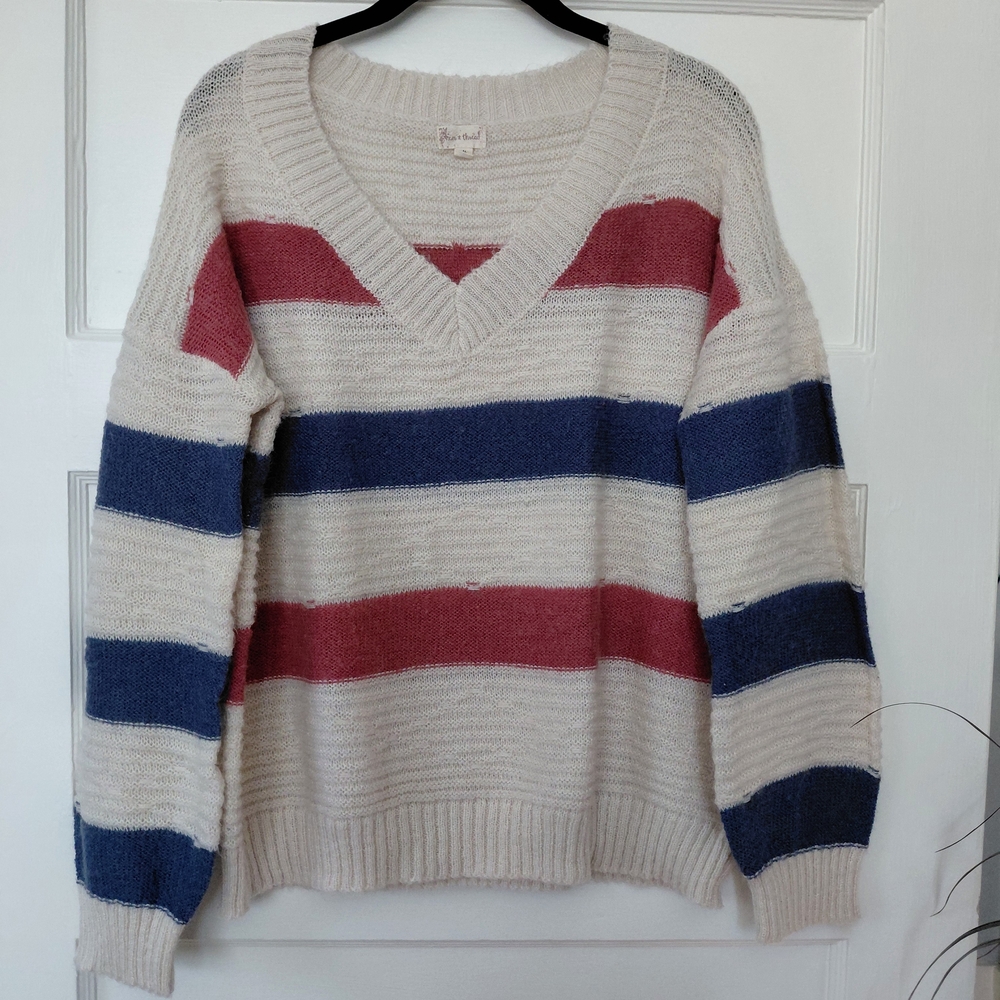 Hem & Thread V-Neck Sweater - Cream, Red, Blue